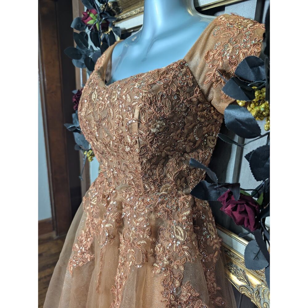 ✨🤎 Fairycore Bronze Corset Dress Glitter Tulle Mini Cottagecore Formal Size 4 - Picture 2 of 6